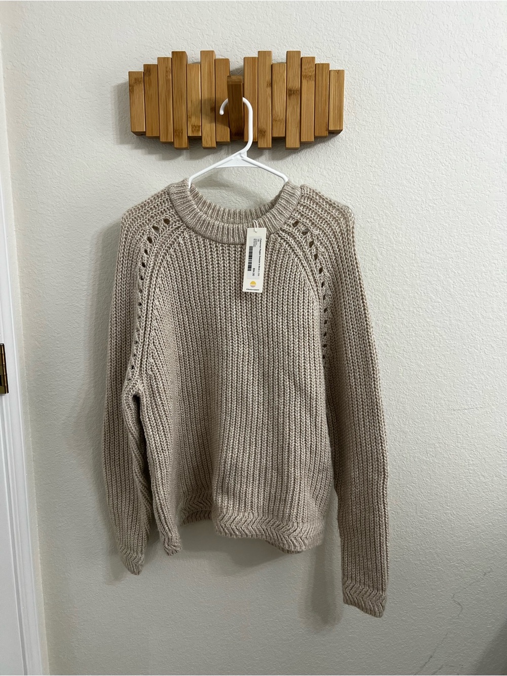 Relaxed Open-Stitch Crewneck Sweater - Beige